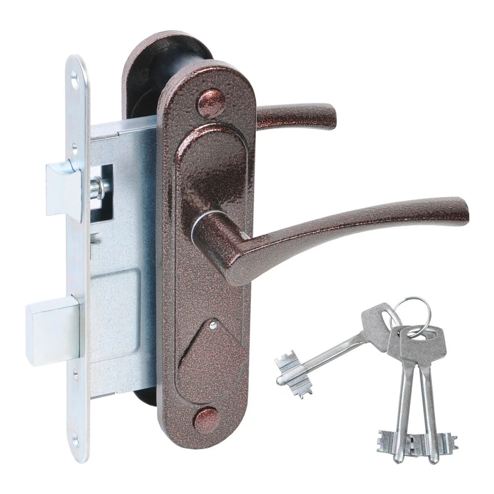 Фото Замок врезной сувальдный с защёлкой в комплекте с ручкой ЗВ9.2-07 (медь антик), 3 кл.