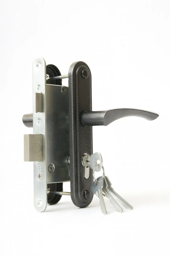 Фото Замок врезной цилиндровый с защёлкой в комплекте с ручкой ЗВ4-3.07 (серебро), 4 кл.